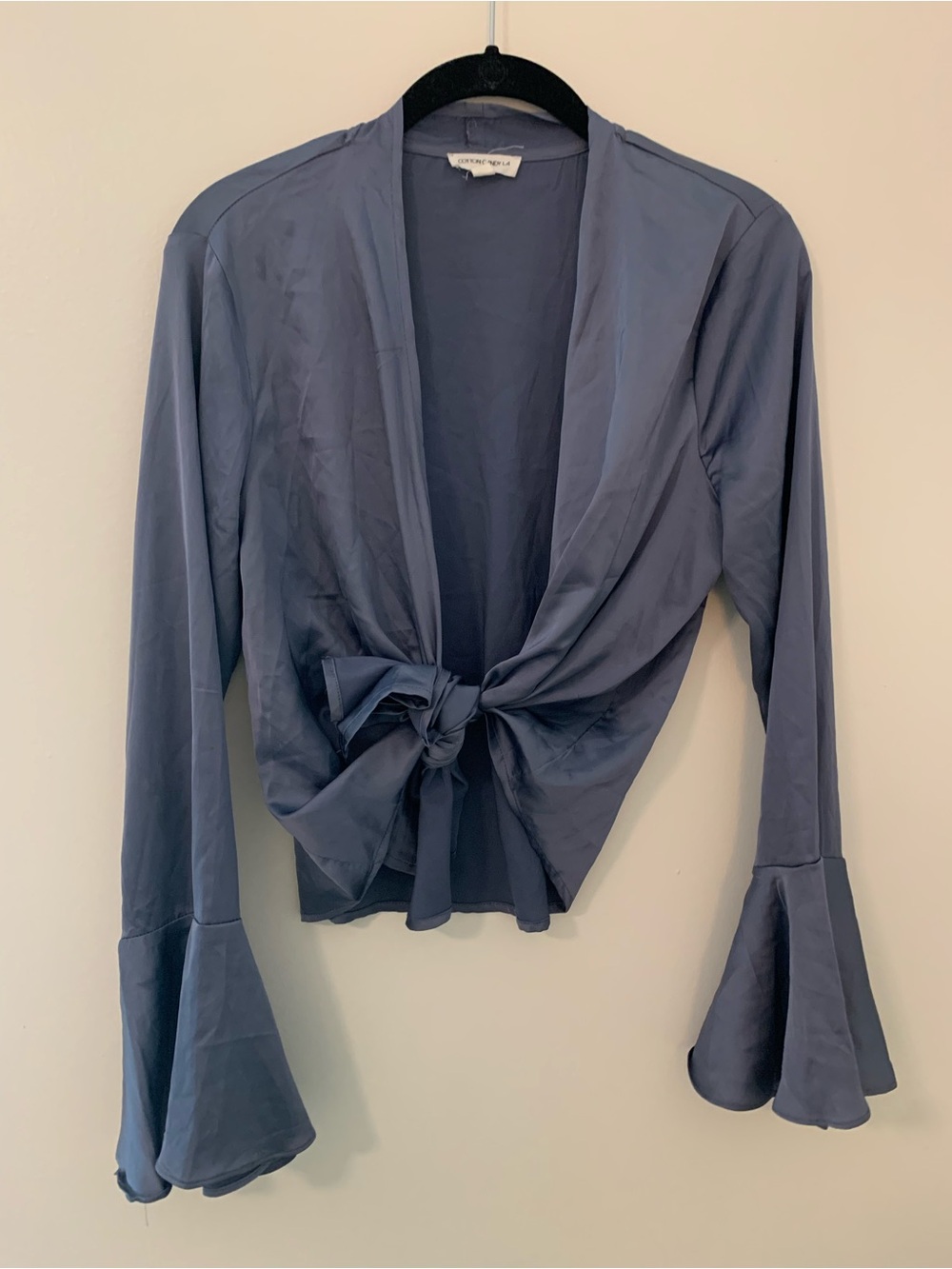 Cotton Candy Slate Blue Tie-Front Blouse with Flared Sleeves